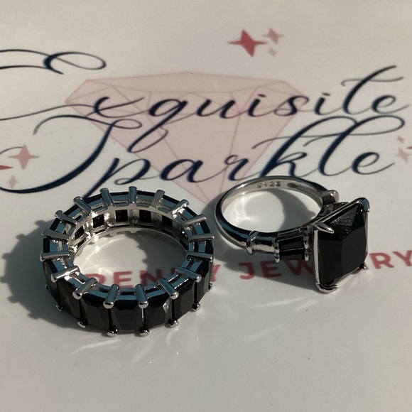 🖤Sterling Silver 2 piece Black Spinel Radiant cut  Ring and matching band set - Picture 1 of 17